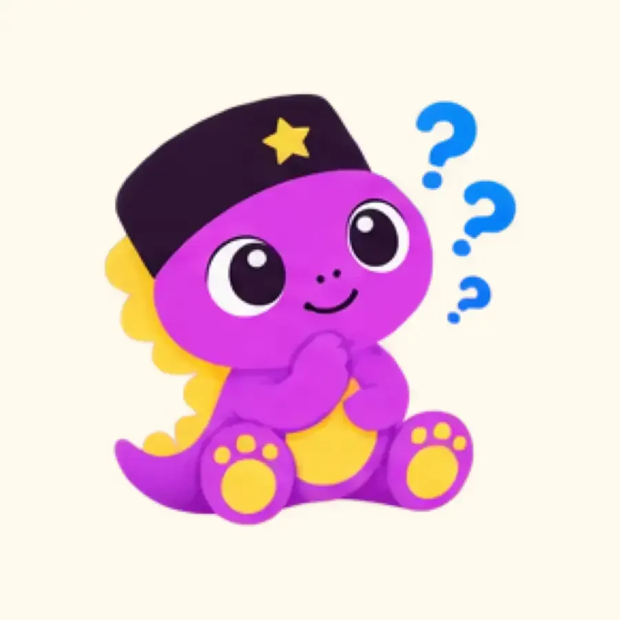 The IqraSaurus dino in a songkok, wondering, with question marks beside it