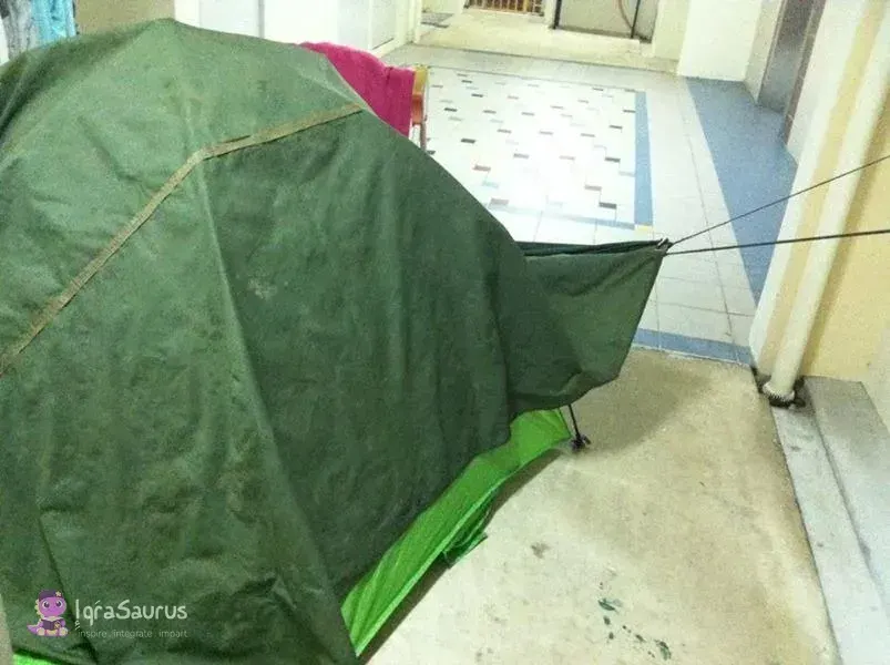 Our family tent pitched in the corridor outside our front door