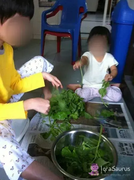 An older child and a toddler picking vegetables on newspaper, with a bowl of washed greens