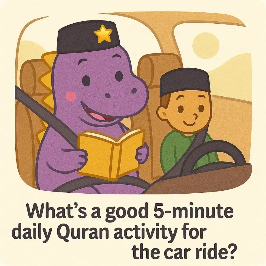 The IqraSaurus dino in a songkok with a book and children, under the question "What's a good 5-minute daily Quran activity for the car ride?"