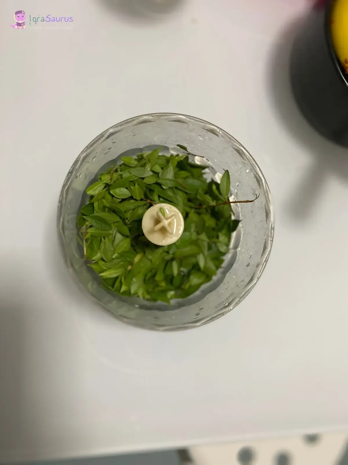 The herb leaves in a food-chopper bowl, ready to grind