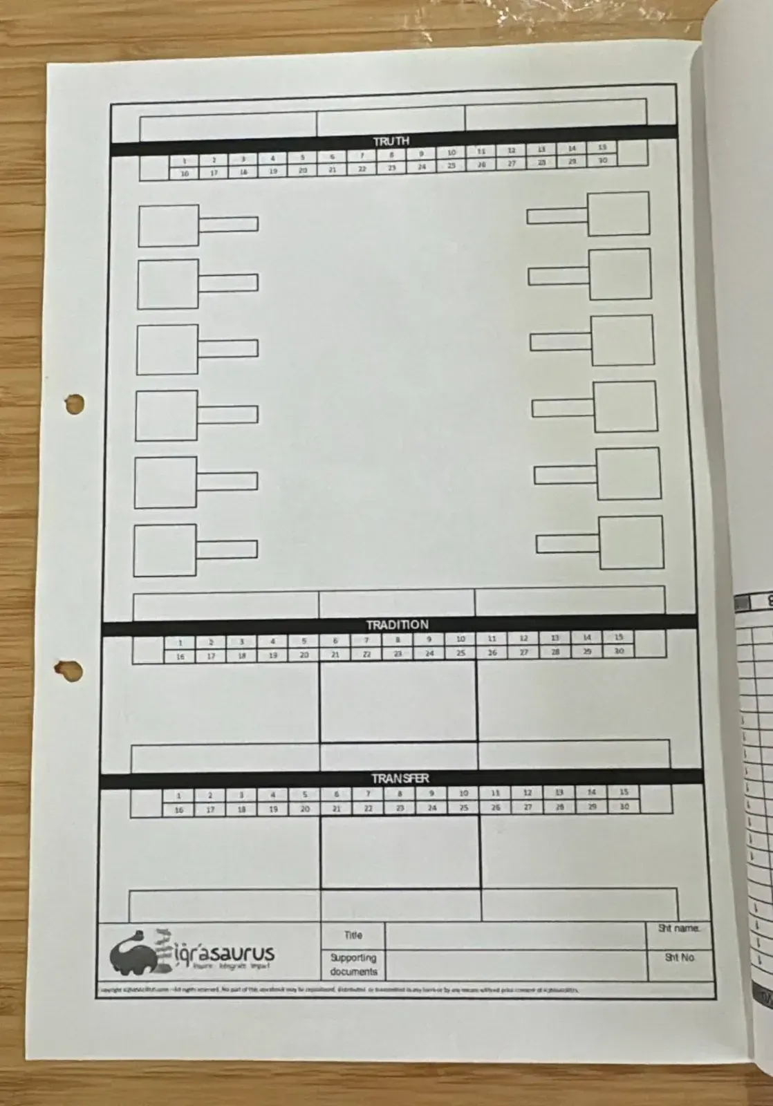 A 30-day tracker sheet with bands for Truth, Tradition and Transfer