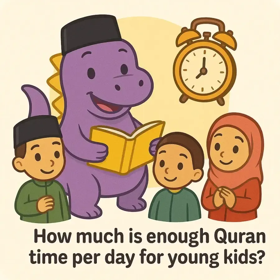 The IqraSaurus dino in a songkok with a book and children, under the question "How much is enough Quran time per day for young kids?"