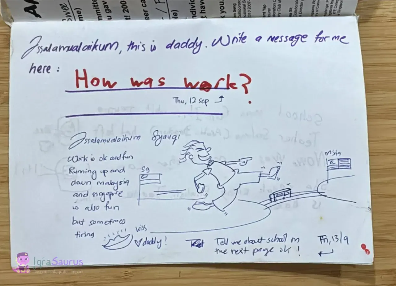A journal page: a child's question in red pen and Daddy's reply in blue pen, with Daddy's cartoon of himself striding from the Singapore flag to the Malaysia flag.