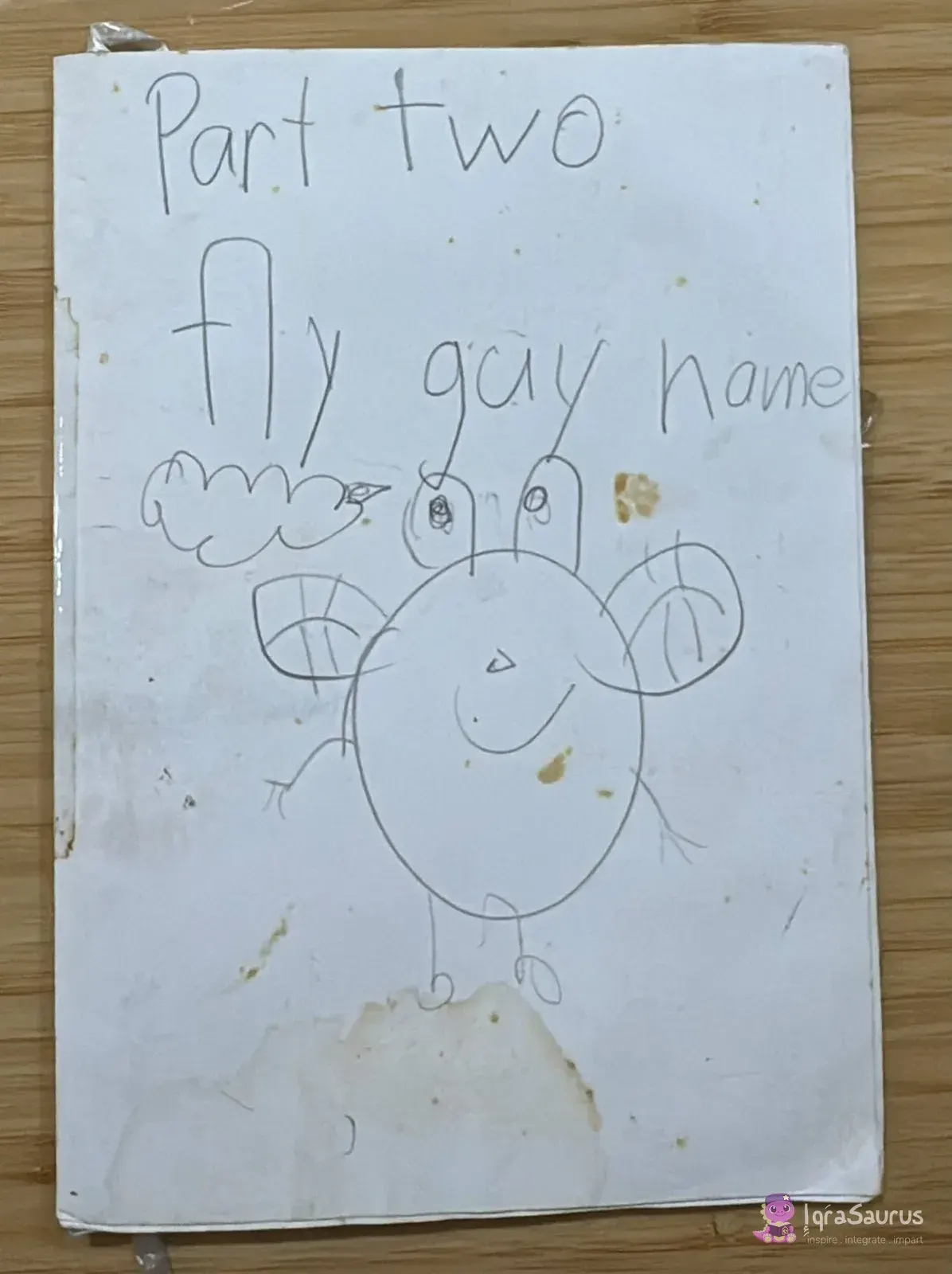 A pencil drawing of a smiling round fly with big eyes and striped wings flying out of a cloud.
