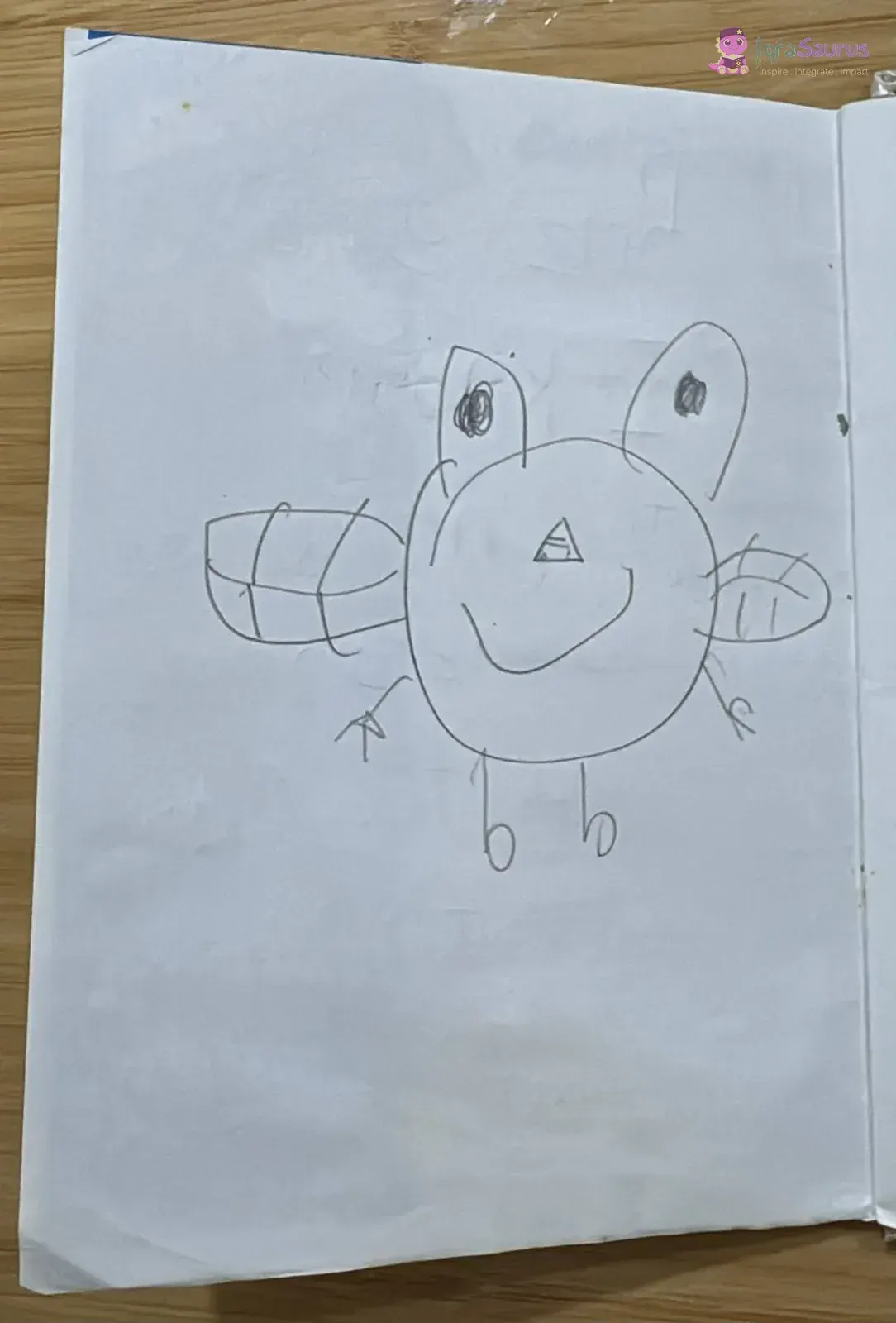 A pencil drawing of a smiling fly with big eyes, striped wings and little feet.