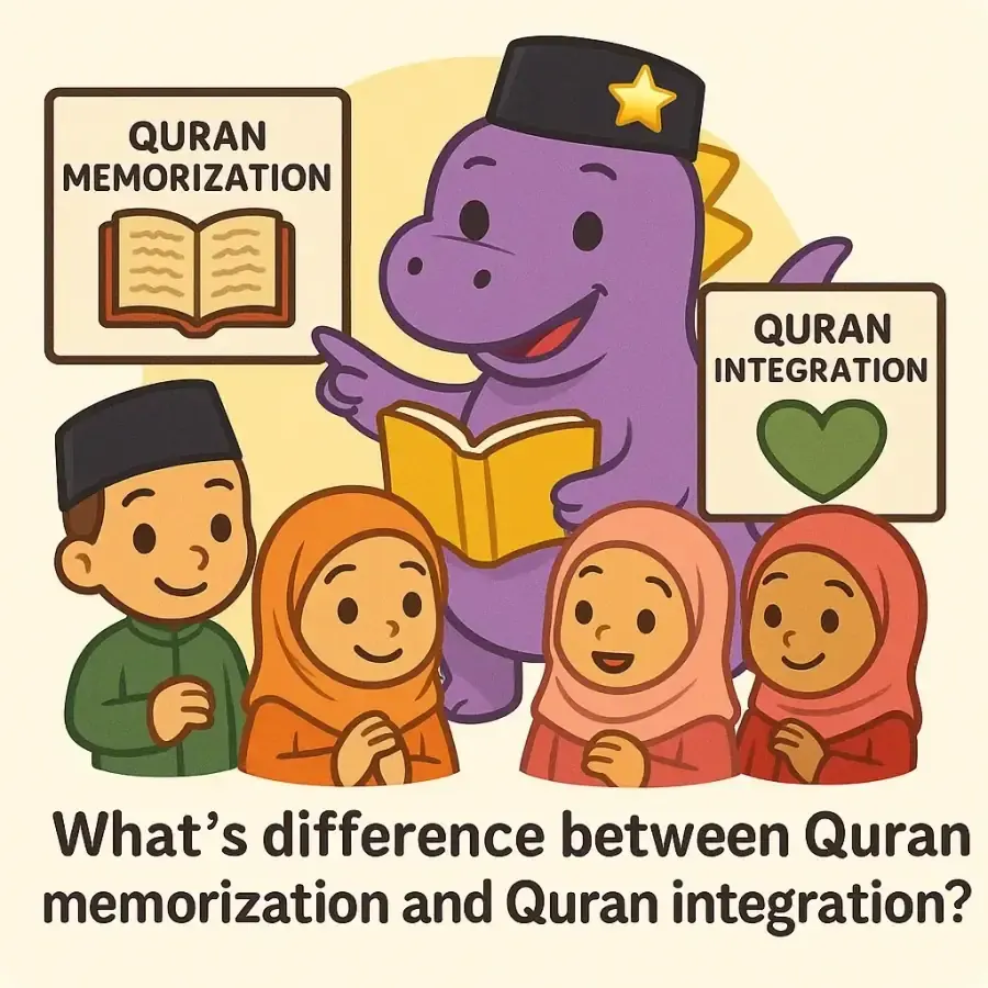 The IqraSaurus dino in a songkok with a book and children, under the question "What's difference between Quran memorization and Quran integration?"
