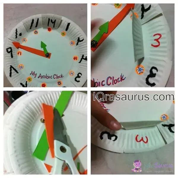 Four steps of making a paper-plate Arabic clock with foam hands and a lift-up flap