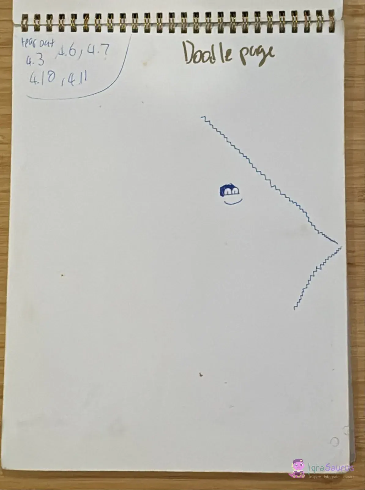 A journal page titled "Doodle page" with a long wavy line and a small doodled face