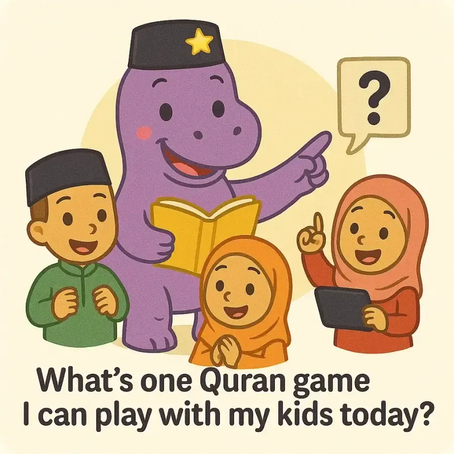 The IqraSaurus dino in a songkok with a book and children, under the question "What's one Quran game I can play with my kids today?"