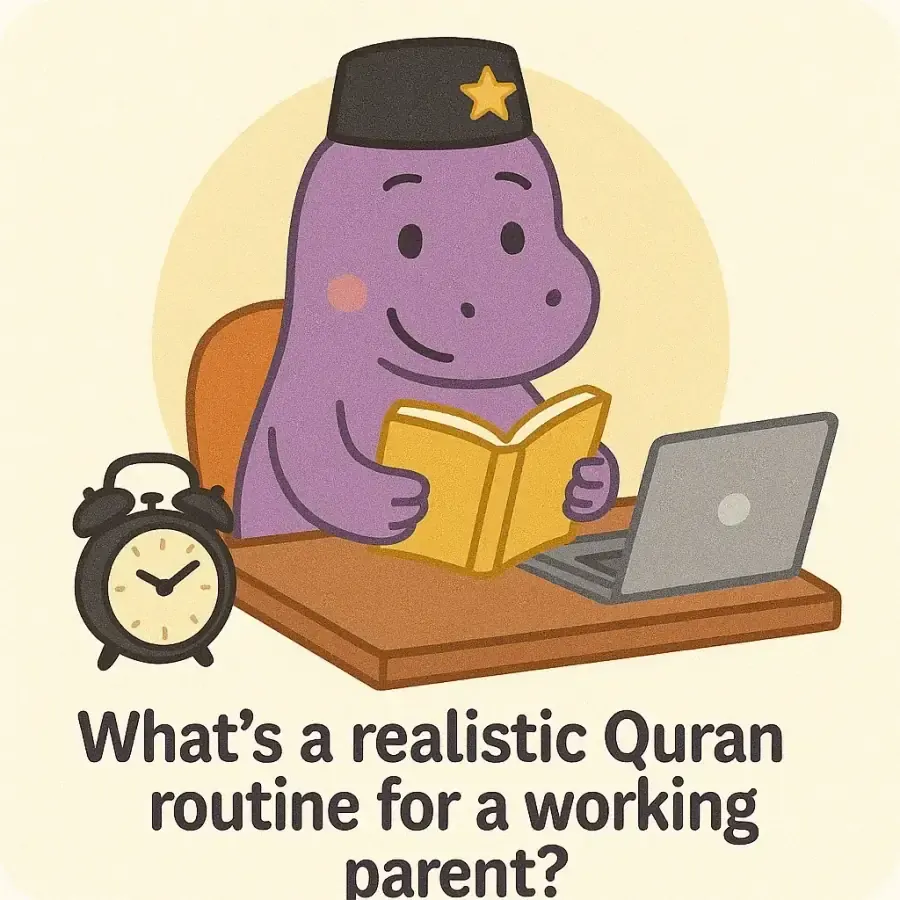 The IqraSaurus dino in a songkok with a book and children, under the question "What's a realistic Quran routine for a working parent?"