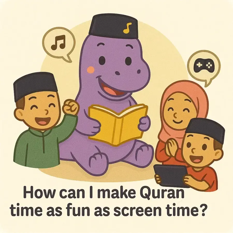 The IqraSaurus dino in a songkok with a book and children, under the question "How can I make Quran time as fun as screen time?"
