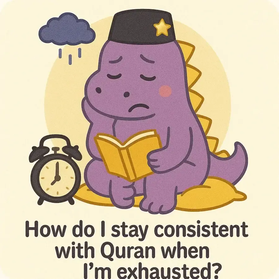 The IqraSaurus dino in a songkok with a book and children, under the question "How do I stay consistent with Quran when I'm exhausted?"