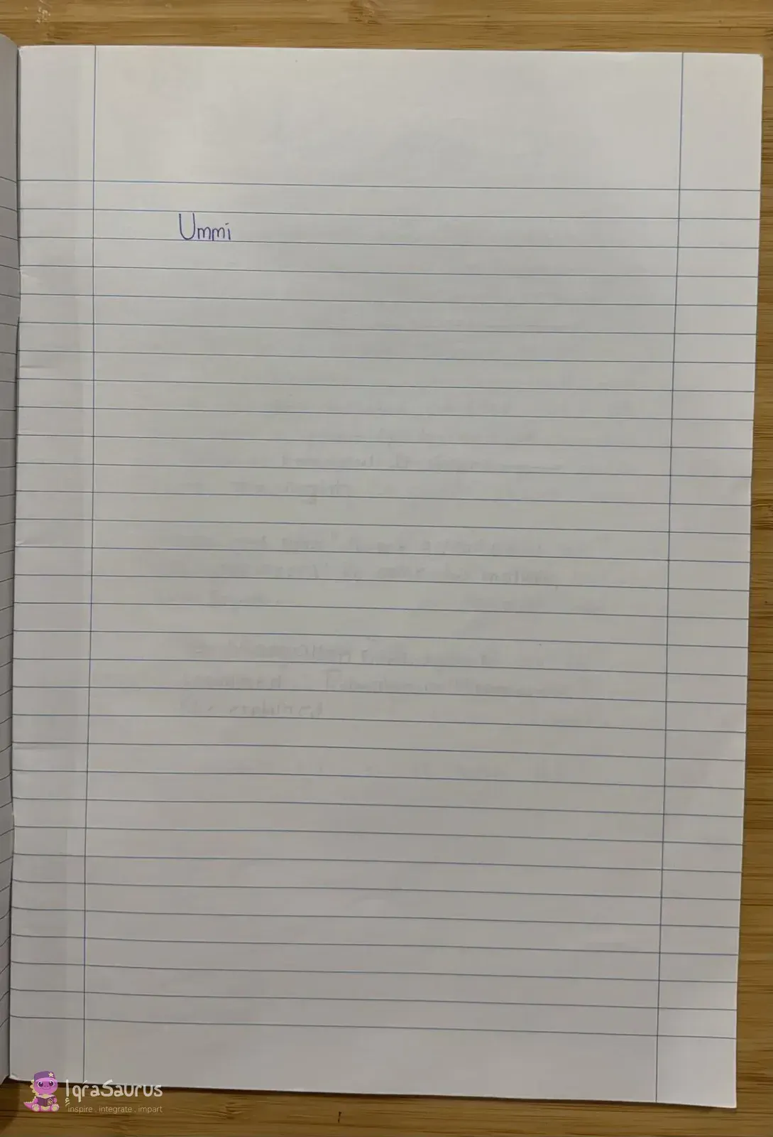 A lined exercise book page with one word written near the top.