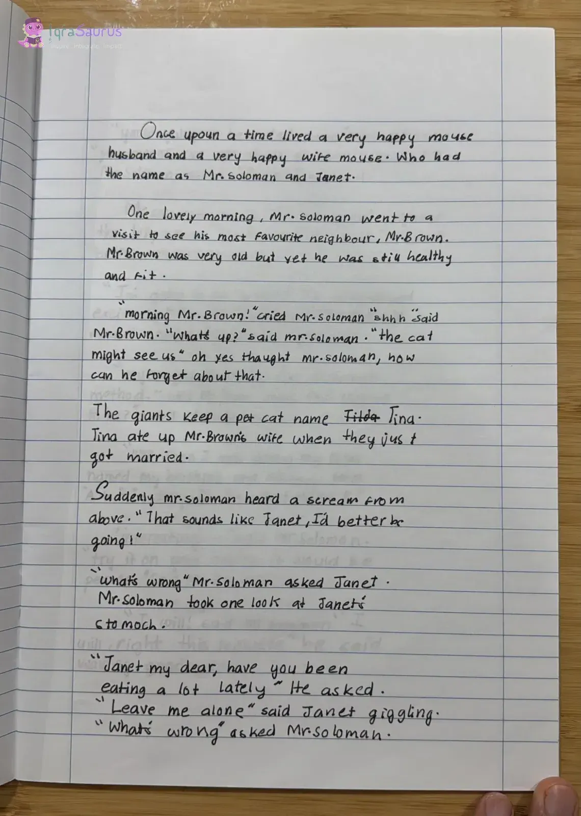 A full lined page of black-pen handwriting, the start of a story about a mouse family.