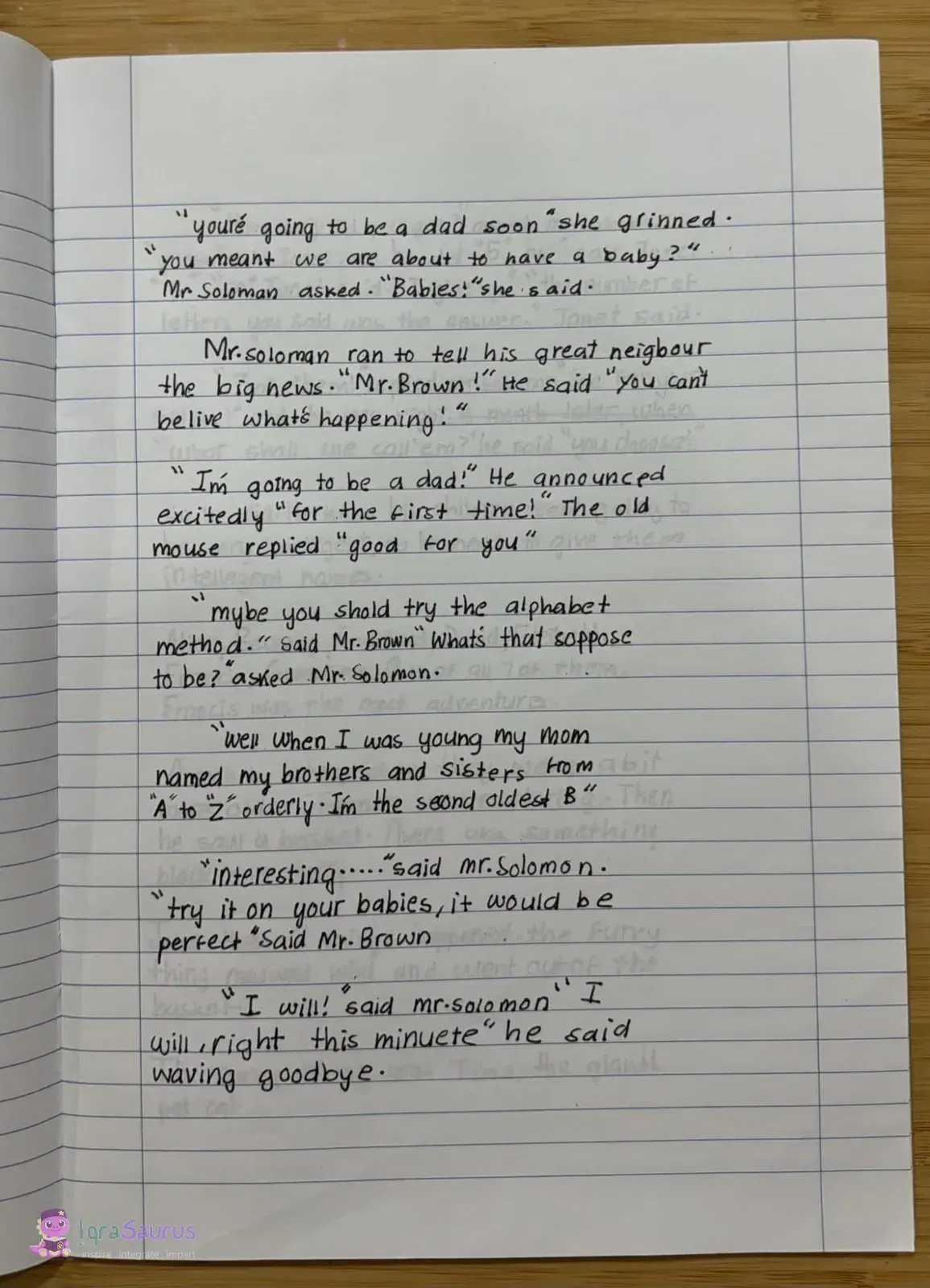A lined page of black-pen handwriting continuing the mouse story.