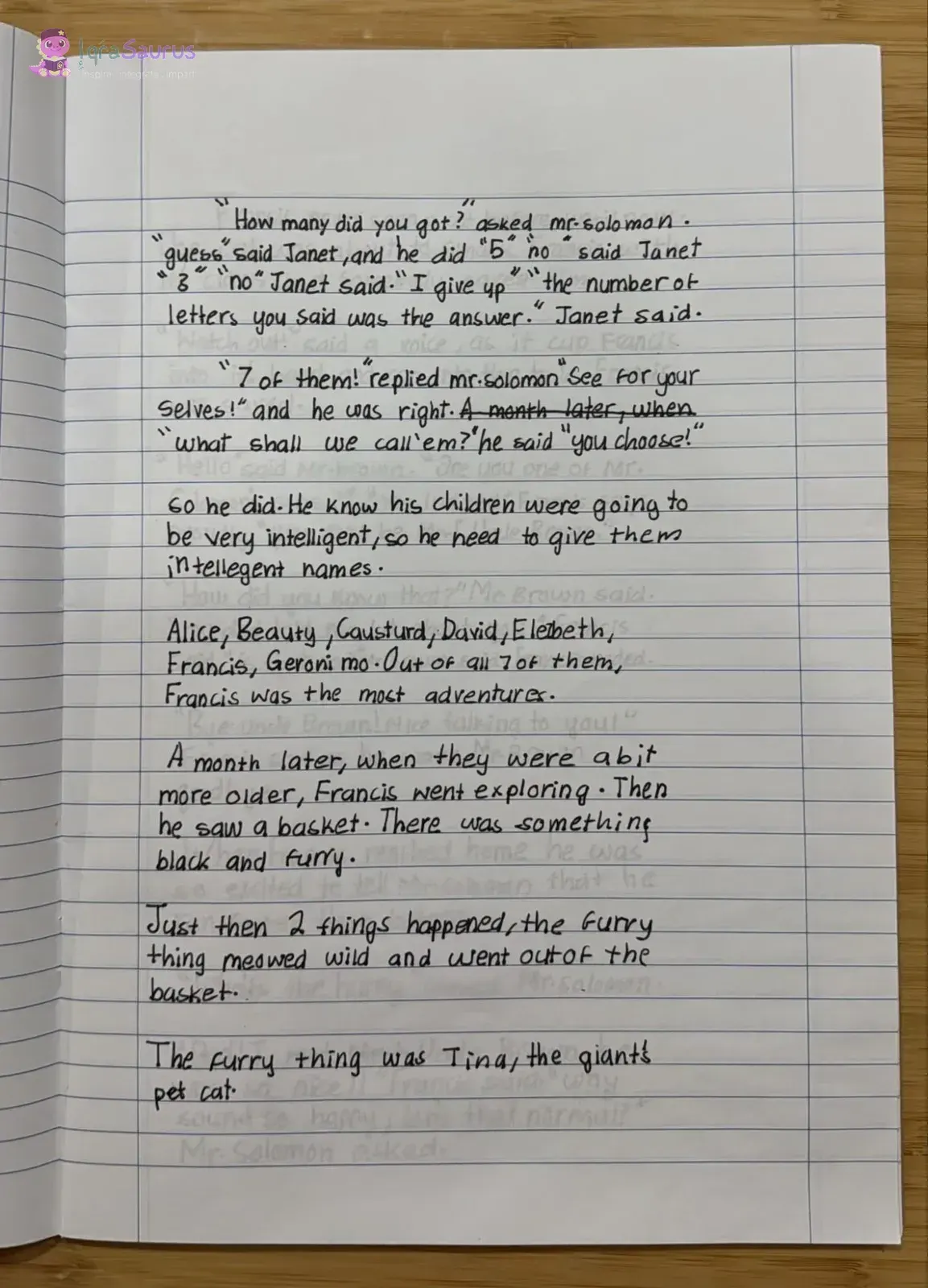 A lined page of black-pen handwriting continuing the mouse story, including a list of seven baby names.