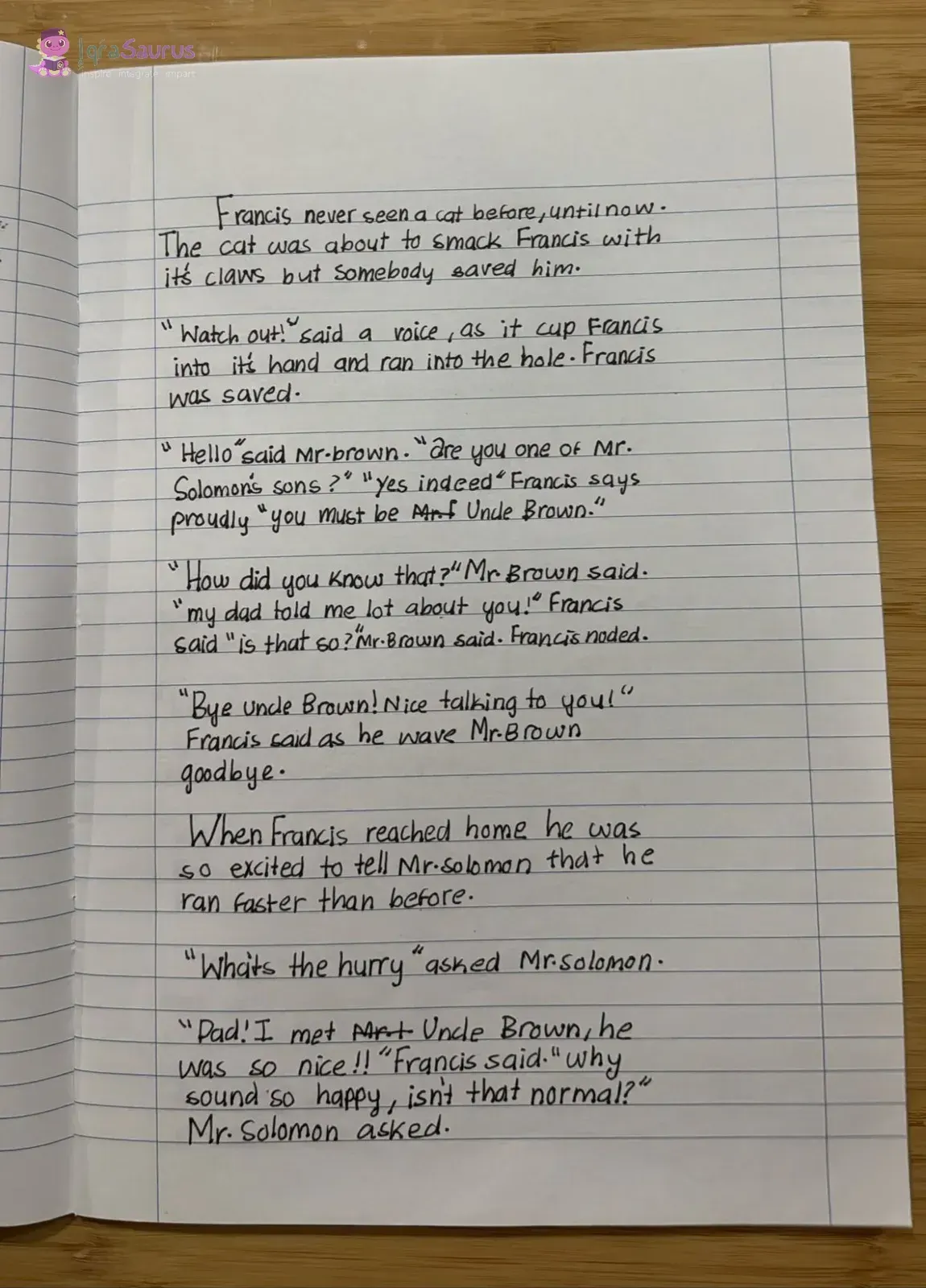 A lined page of black-pen handwriting continuing the mouse story.