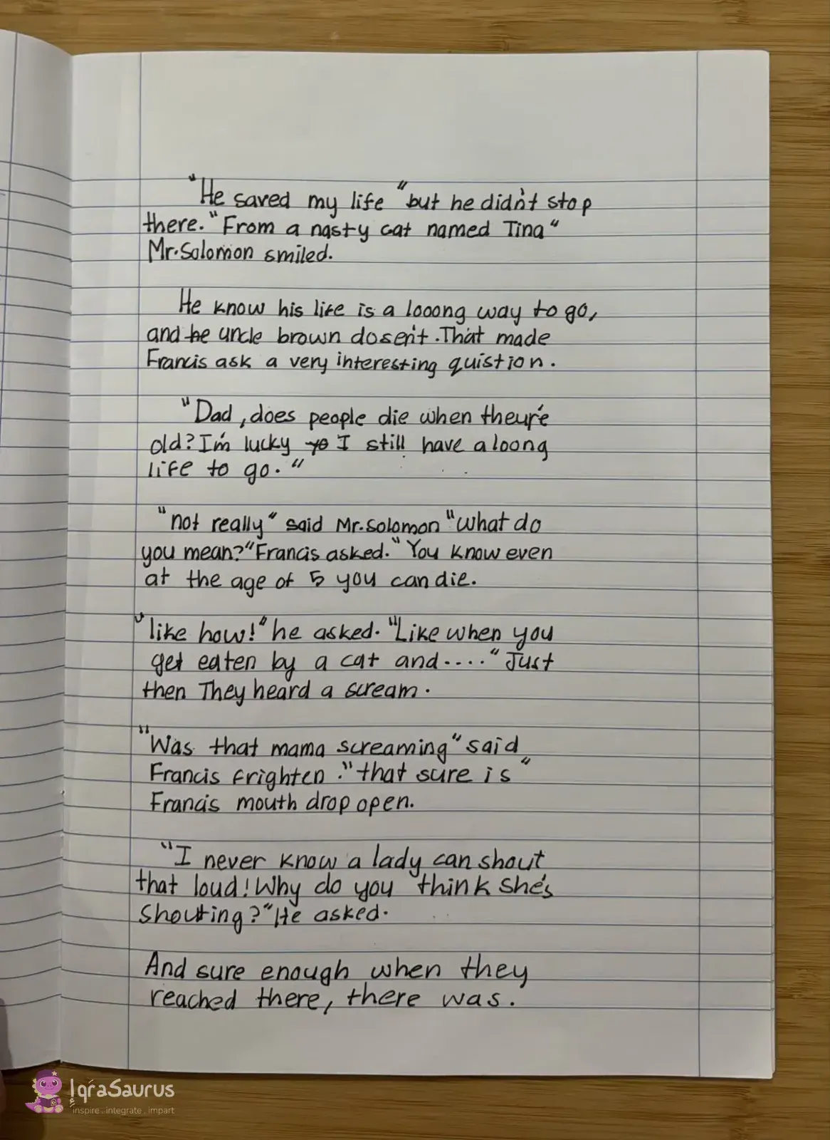 A lined page of black-pen handwriting, the last page of the mouse story.
