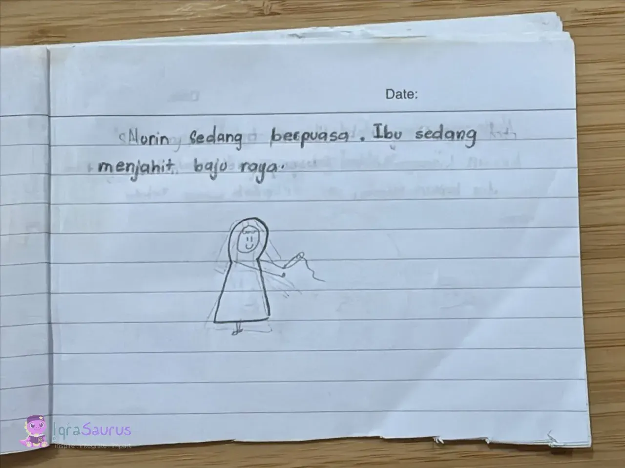 A pencil drawing of a smiling mother in a long dress and headscarf sewing with a needle and thread, under two lines of handwriting.