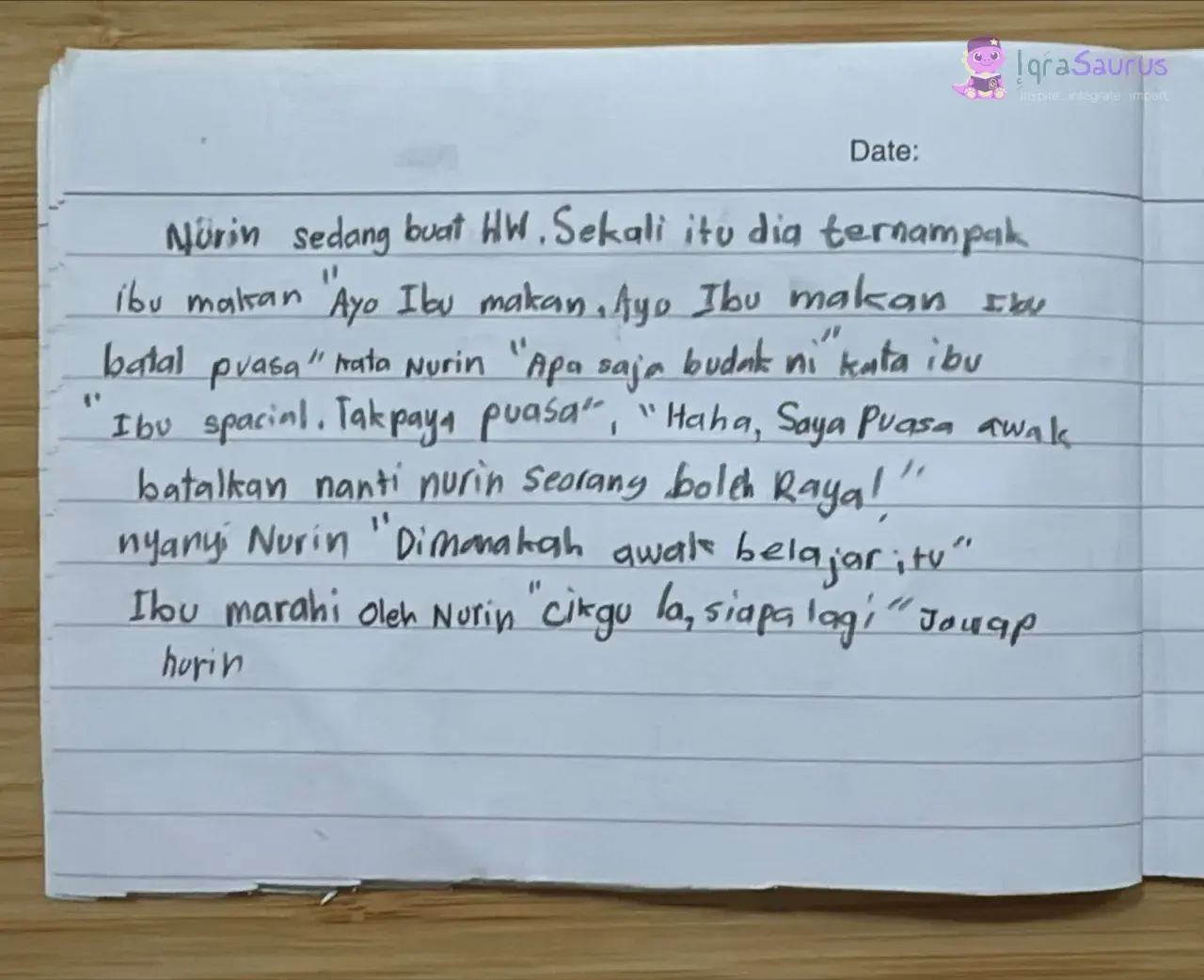 A lined notepaper page filled with handwriting in Malay.