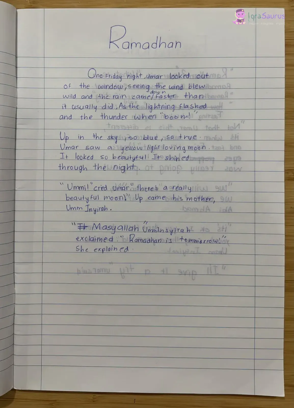 A lined page of neat blue-pen handwriting under the title Ramadhan.
