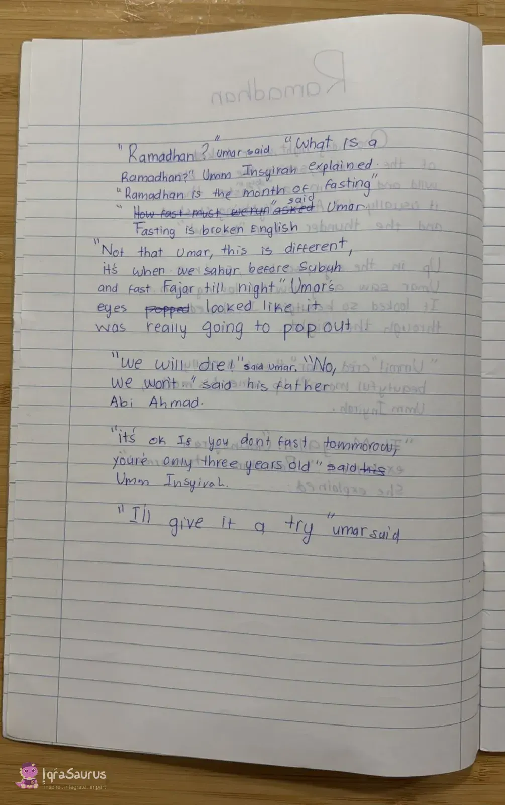 A lined page of blue-pen handwriting with a few words crossed out.