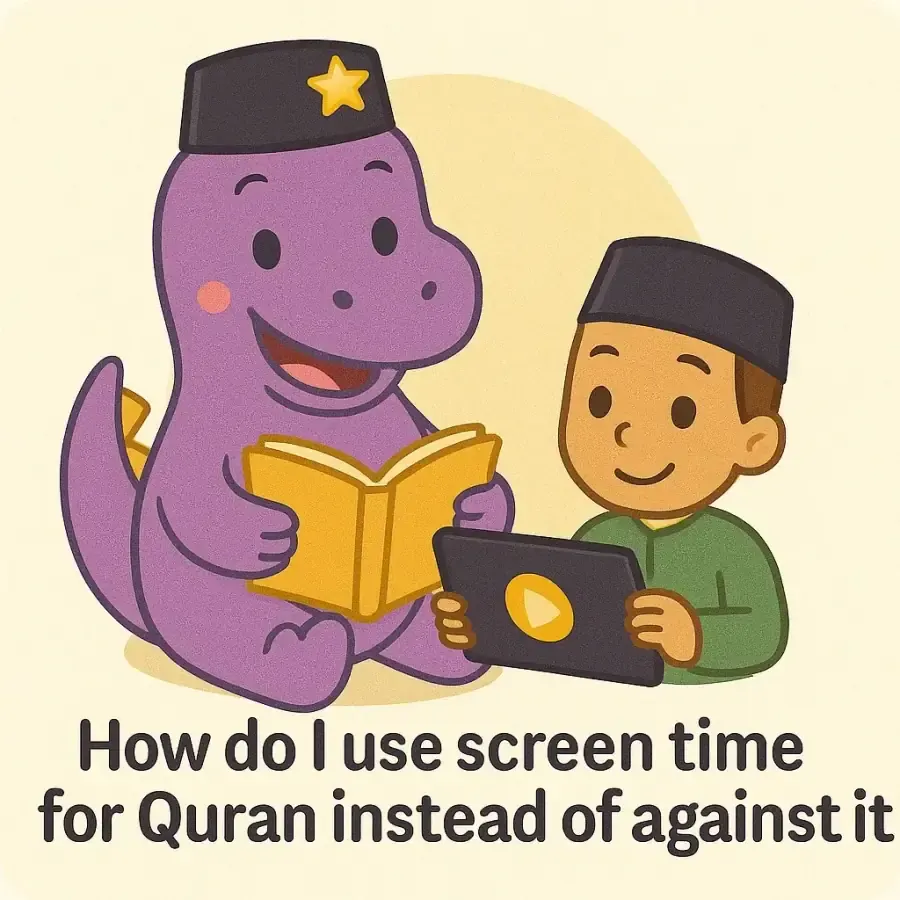 The IqraSaurus dino in a songkok with a book and children, under the question "How do I use screen time for Quran instead of against it"