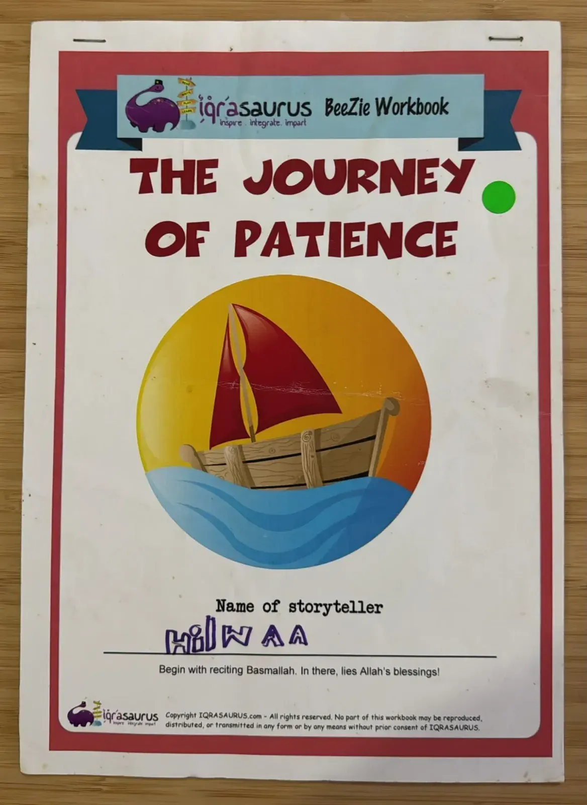 The cover of The Journey of Patience, a BeeZie Workbook, with a sailing boat and Hilwaa's name as the storyteller