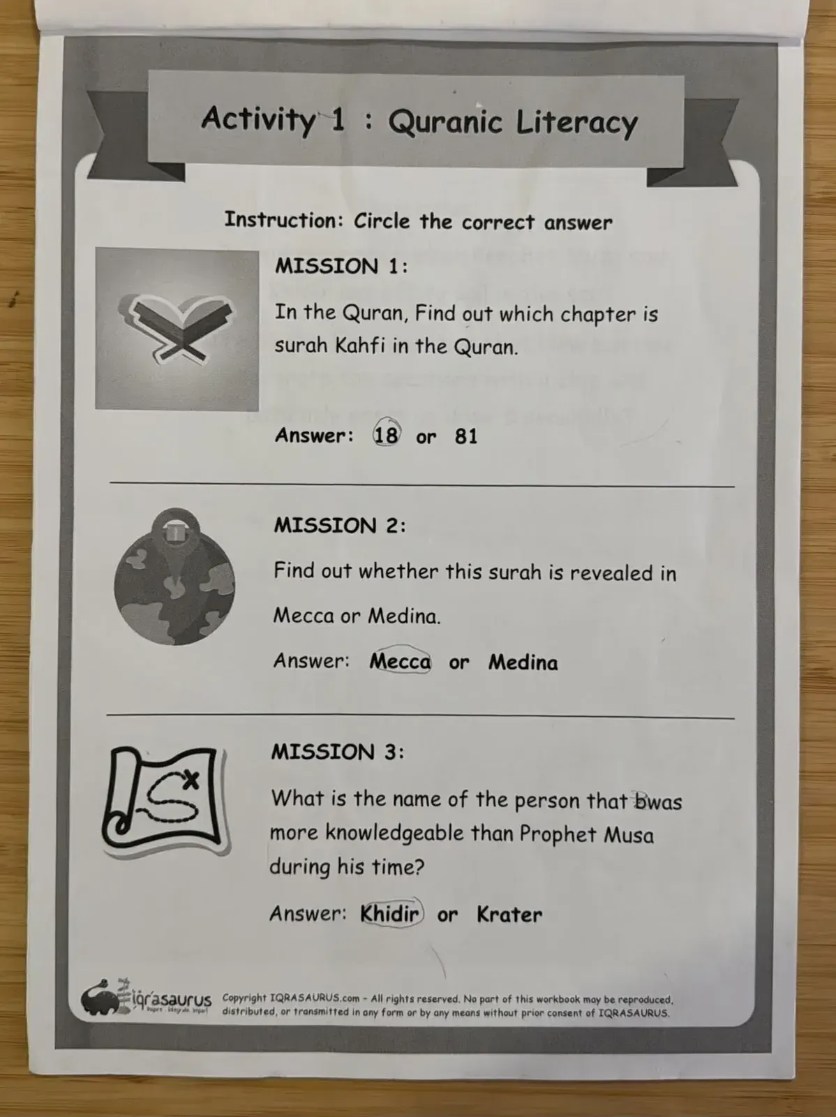 Activity 1: three missions about Surah Al-Kahf, with Hilwaa's answers circled