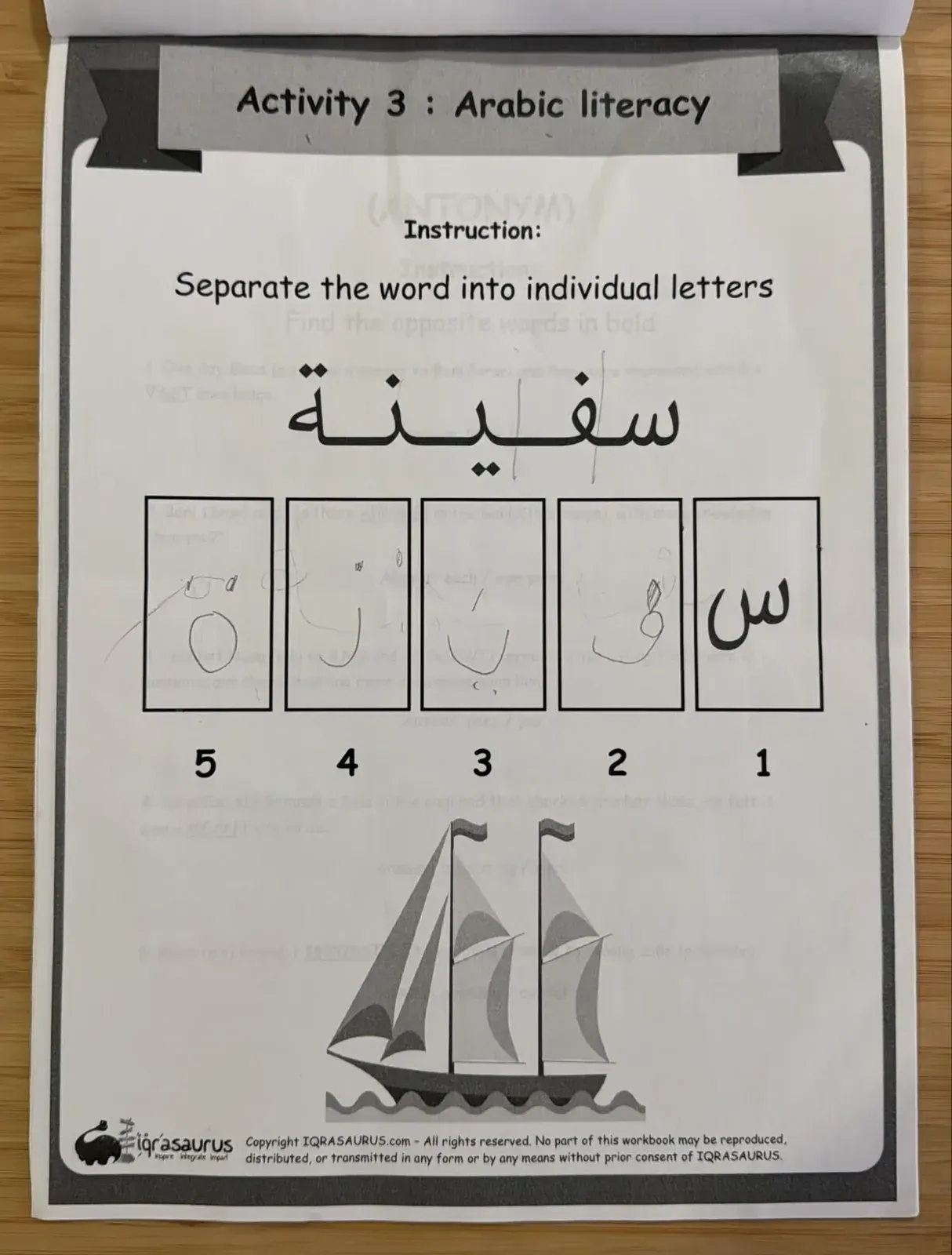 Activity 3: Hilwaa writes the letters of the Arabic word for ship, one in each box