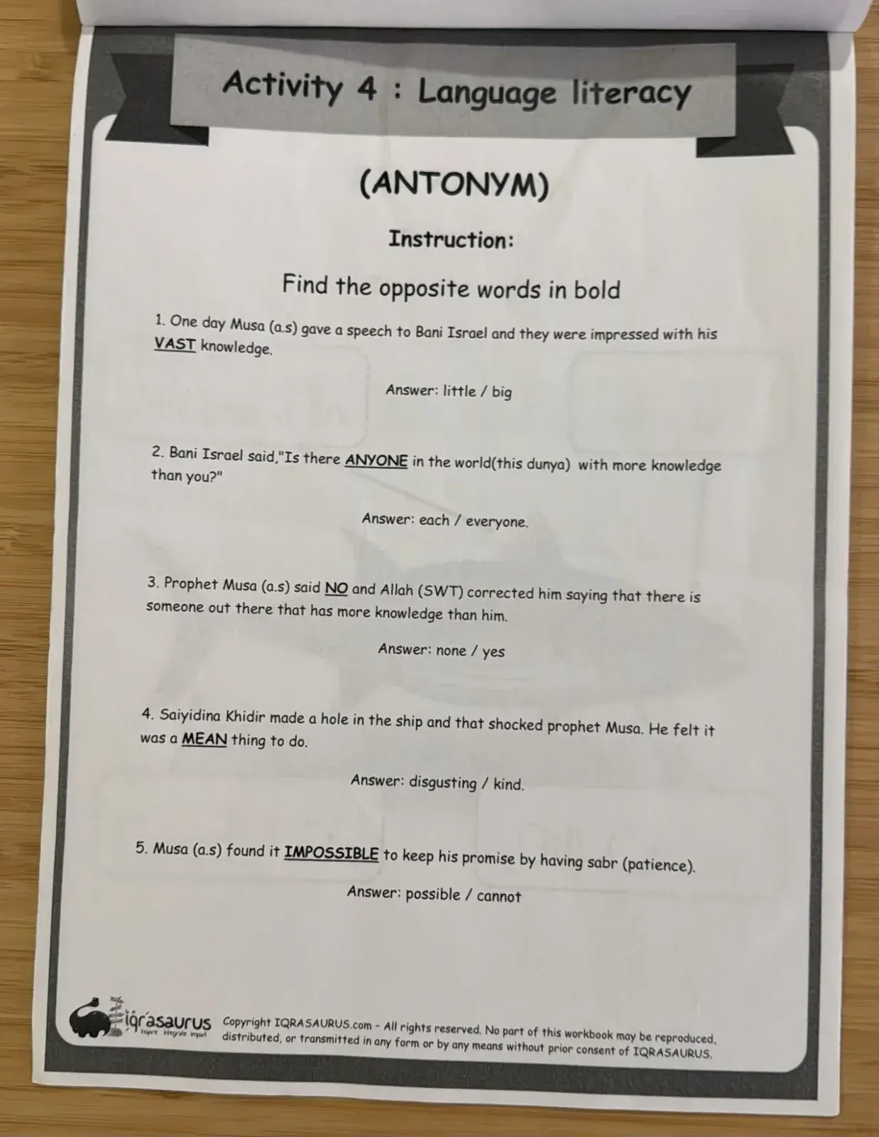 Activity 4: finding opposites in sentences that retell the story of Prophet Musa and al-Khidr