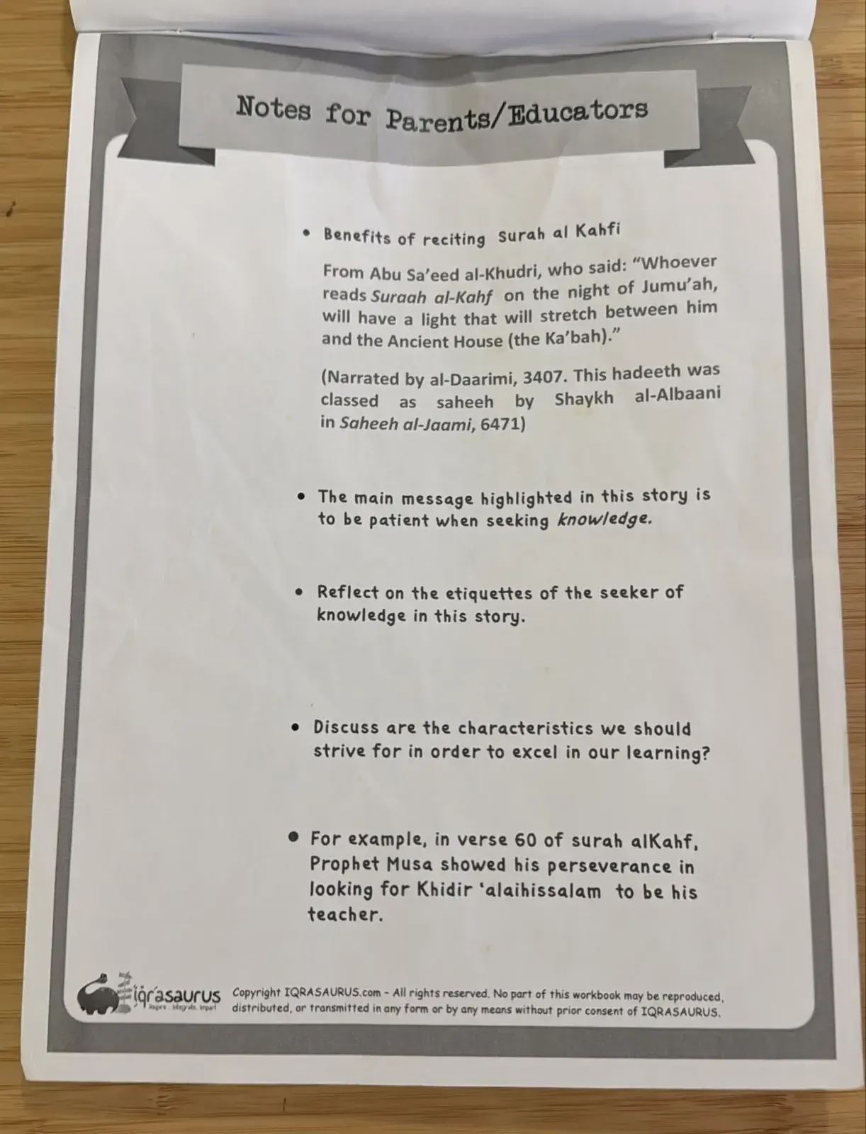 The notes for parents and educators at the back of the workbook