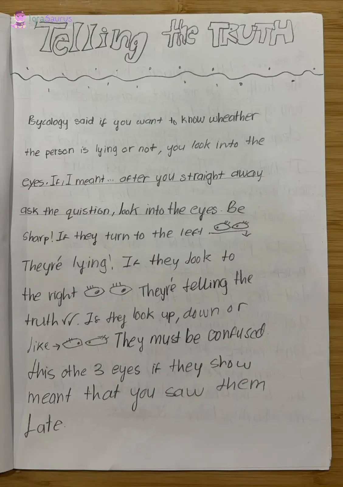 A handwritten page titled Telling the TRUTH with small drawings of eyes looking left, right and up.