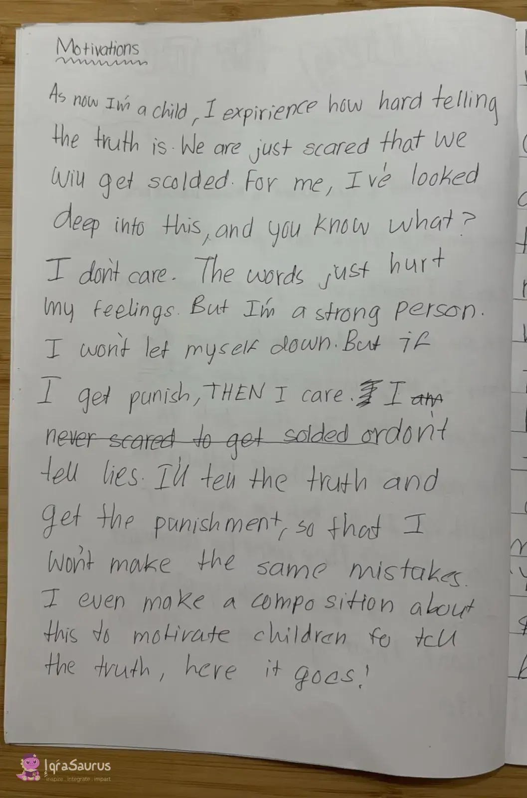A full handwritten page headed Motivations, with a few words crossed out.