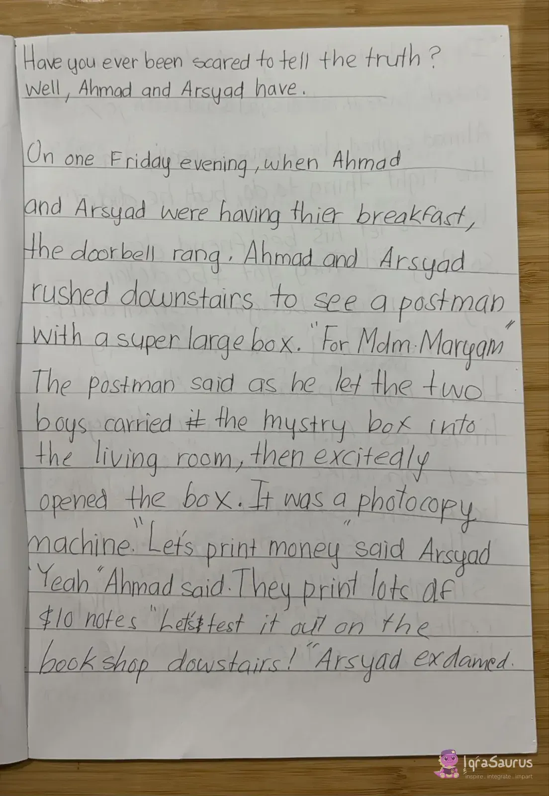 A handwritten story page on lined paper, beginning the story of Ahmad and Arsyad.