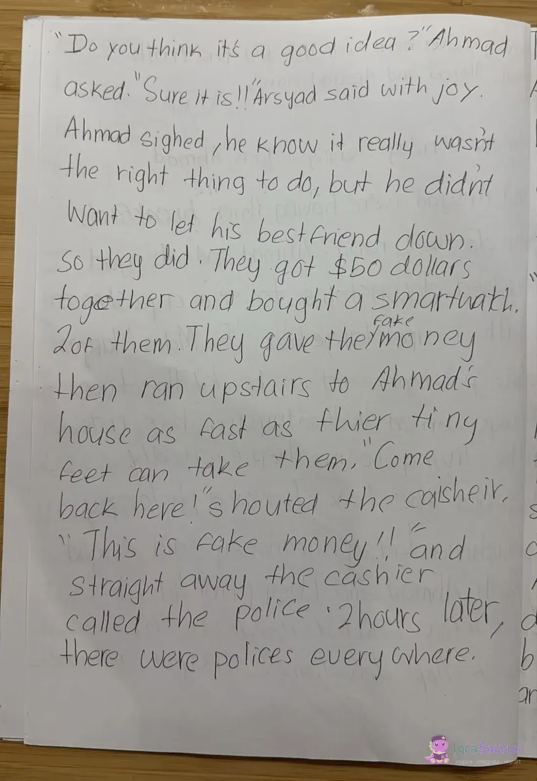A handwritten story page where the boys spend the money and the cashier calls the police.