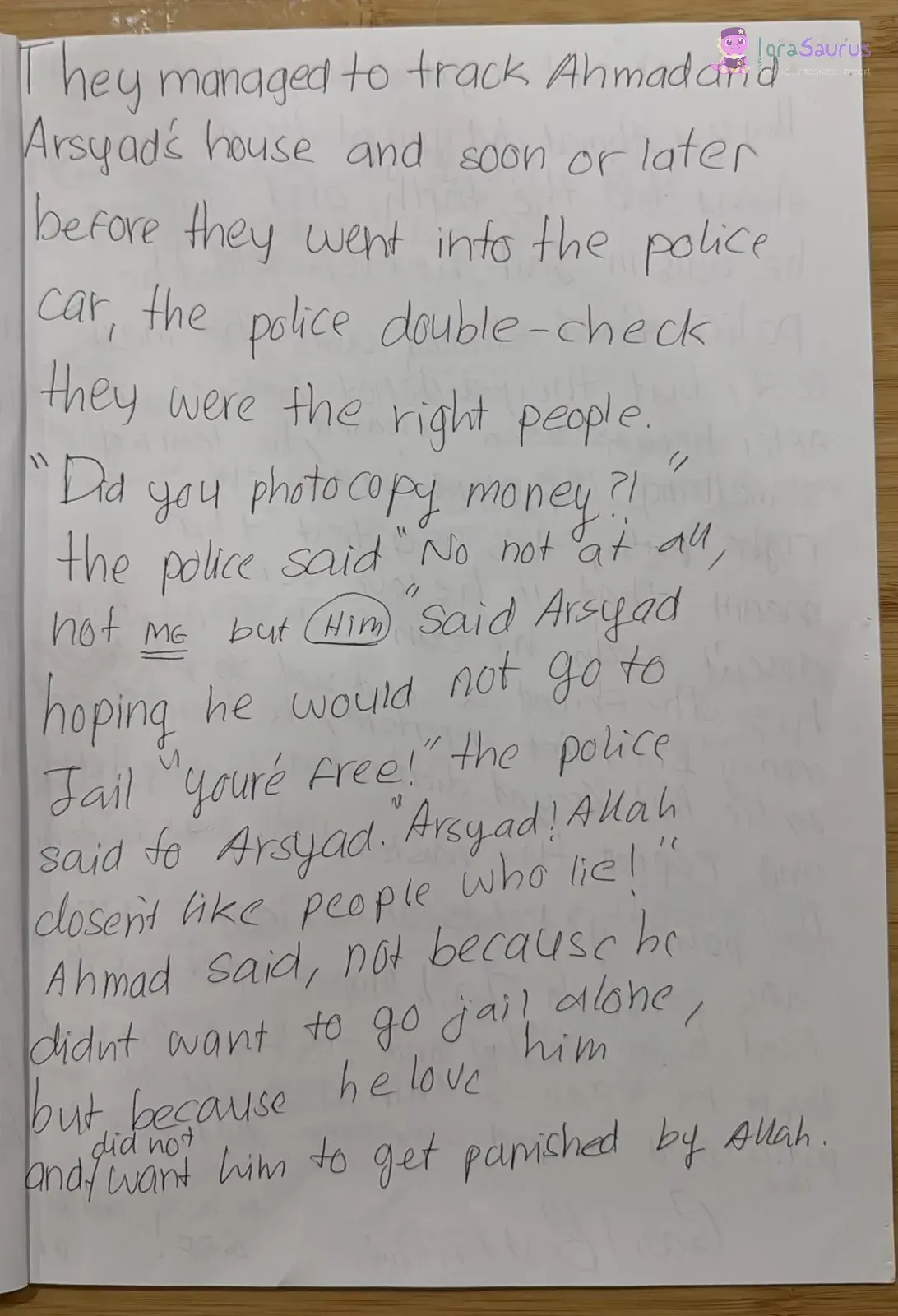 A handwritten story page where the police question the boys, with ME underlined and Him circled.