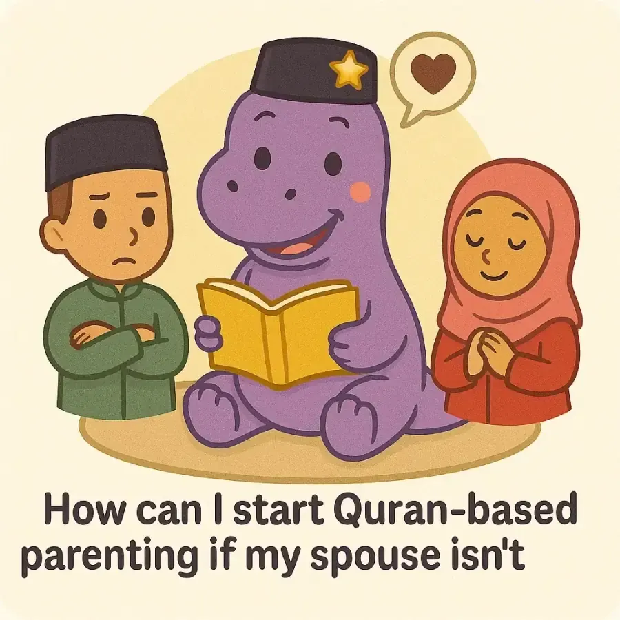 The IqraSaurus dino in a songkok with a book and children, under the question "How can I start Quran-based parenting if my spouse isn't on board?"