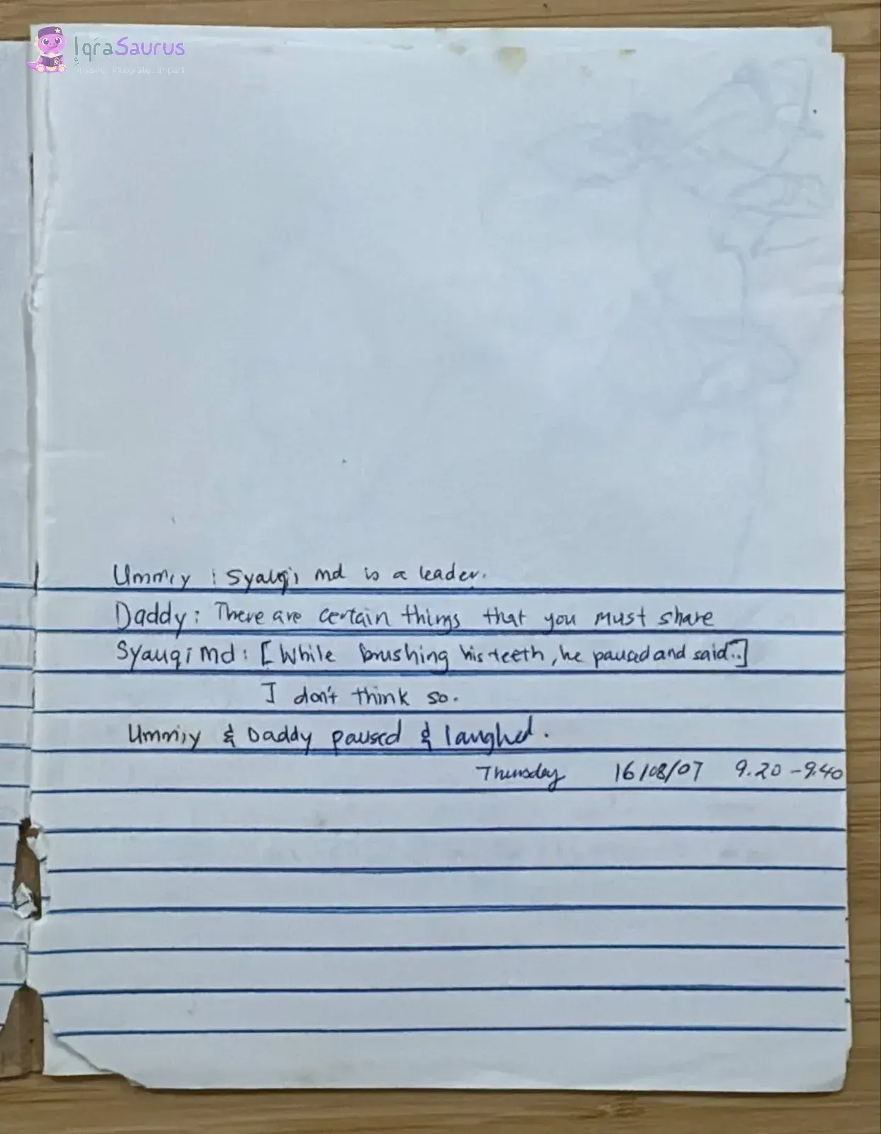 Notebook page: Syauqi, brushing his teeth, says I don't think so, dated 16/08/07
