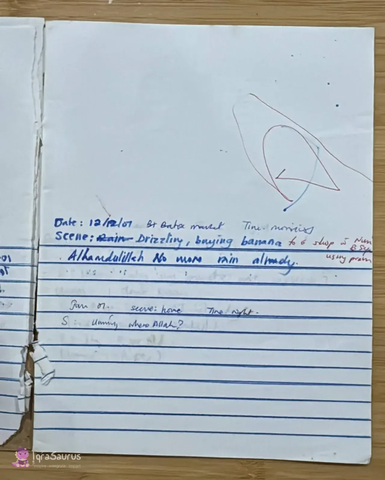 Notebook page dated 12/12/07: Alhamdulillah no more rain already, and at night, Ummiy, where Allah?