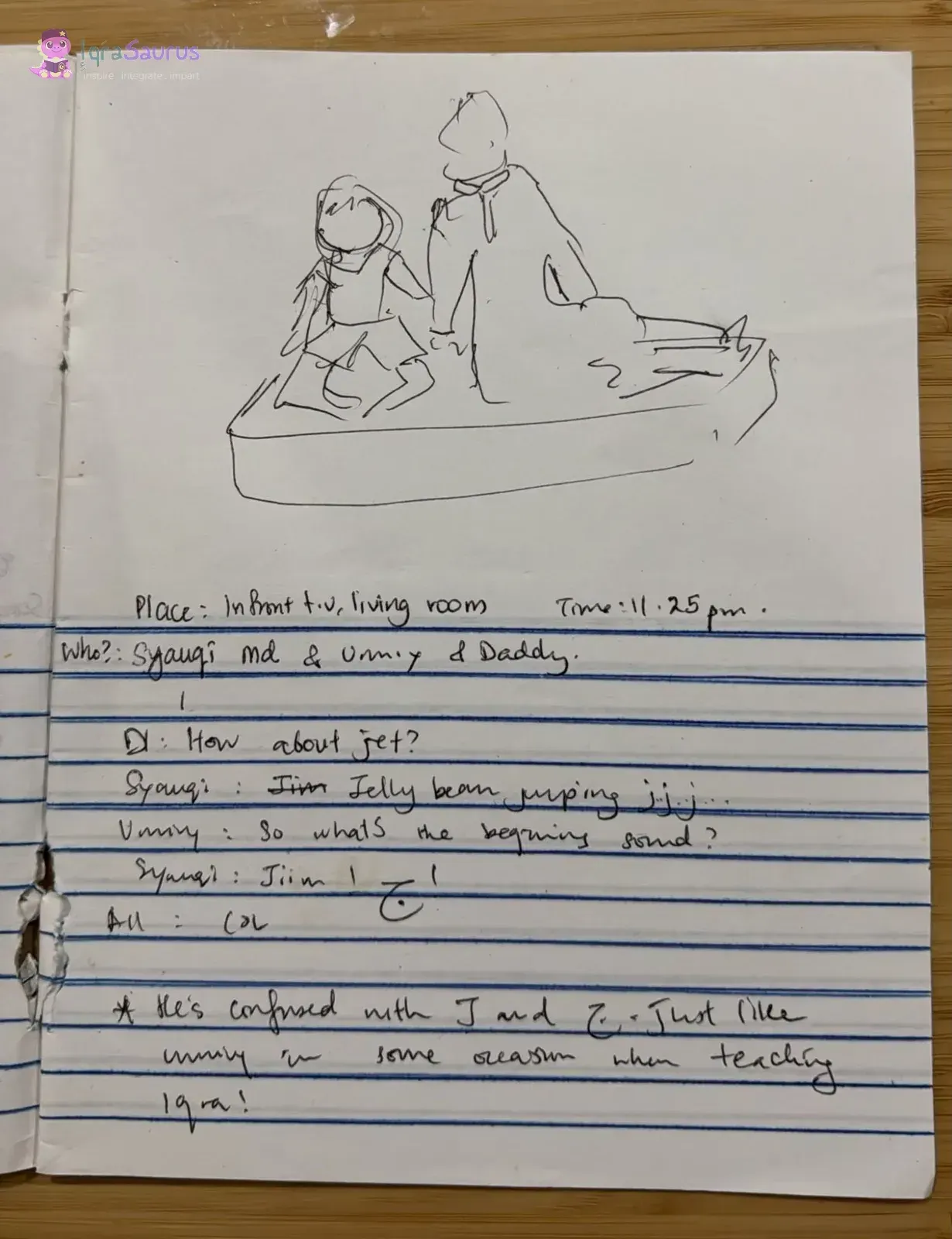 Notebook page with a sketch of a child and a parent, and the jelly bean and jiim conversation
